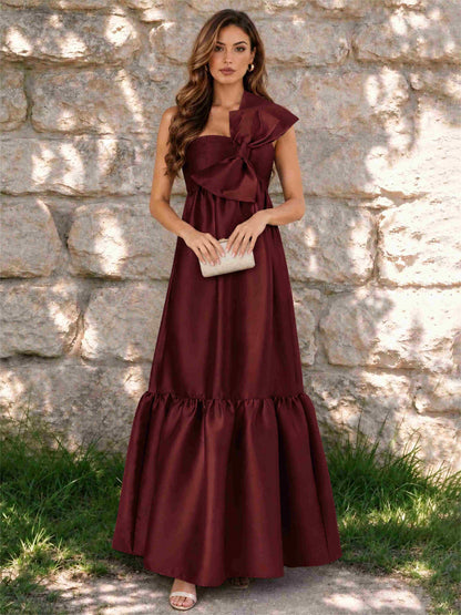 One Shoulder A-Line Satin Sleeveless Wedding Guest Dress with Bowknot