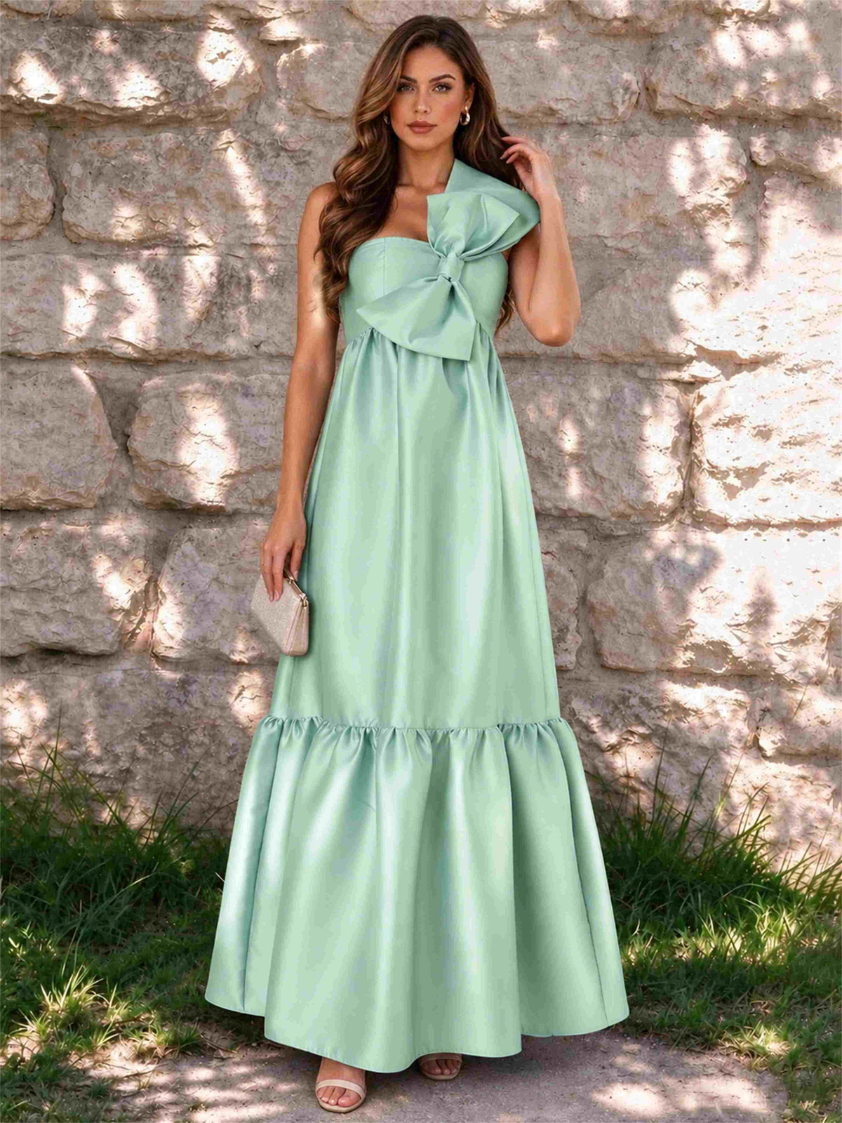 One Shoulder A-Line Satin Sleeveless Wedding Guest Dress with Bowknot