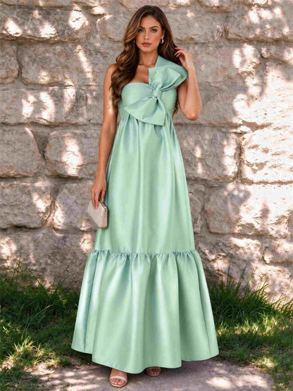 One Shoulder A-Line Satin Sleeveless Wedding Guest Dress with Bowknot