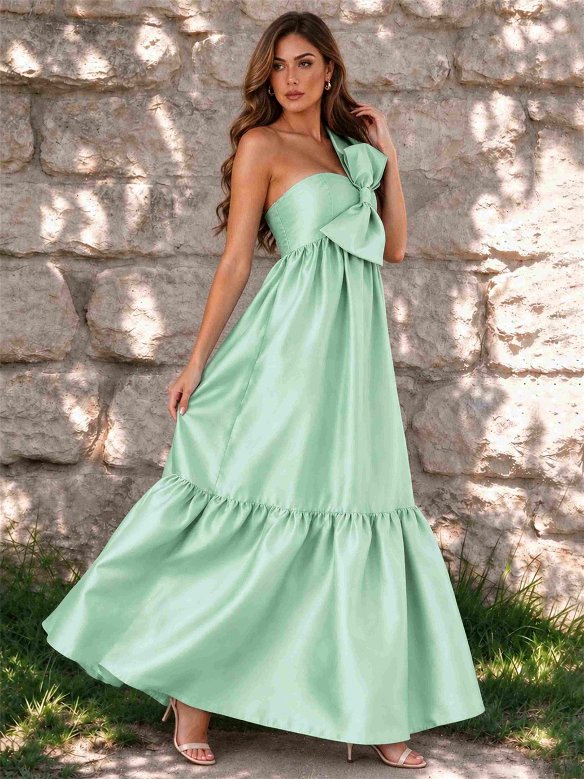 One Shoulder A-Line Satin Sleeveless Wedding Guest Dress with Bowknot