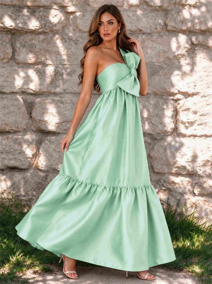 One Shoulder A-Line Satin Sleeveless Wedding Guest Dress with Bowknot