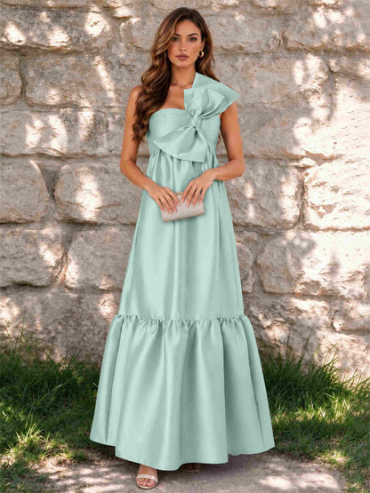 One Shoulder A-Line Satin Sleeveless Wedding Guest Dress with Bowknot