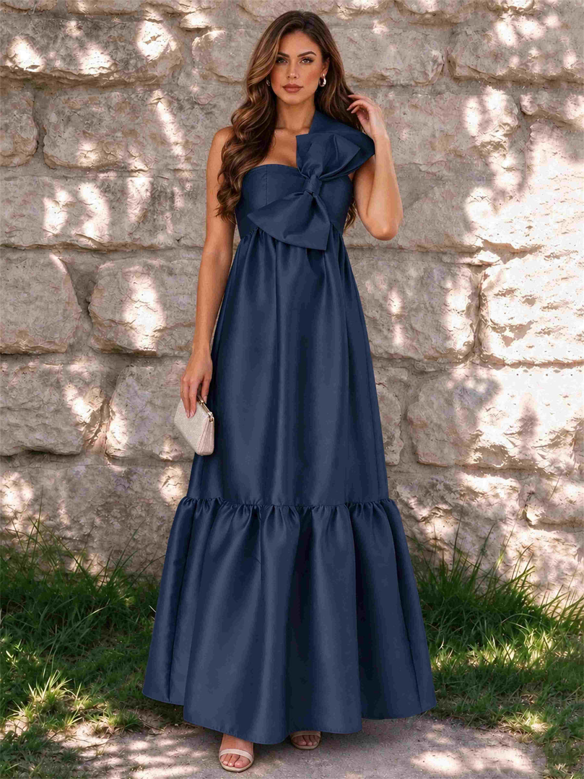 One Shoulder A-Line Satin Sleeveless Wedding Guest Dress with Bowknot