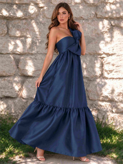 One Shoulder A-Line Satin Sleeveless Wedding Guest Dress with Bowknot