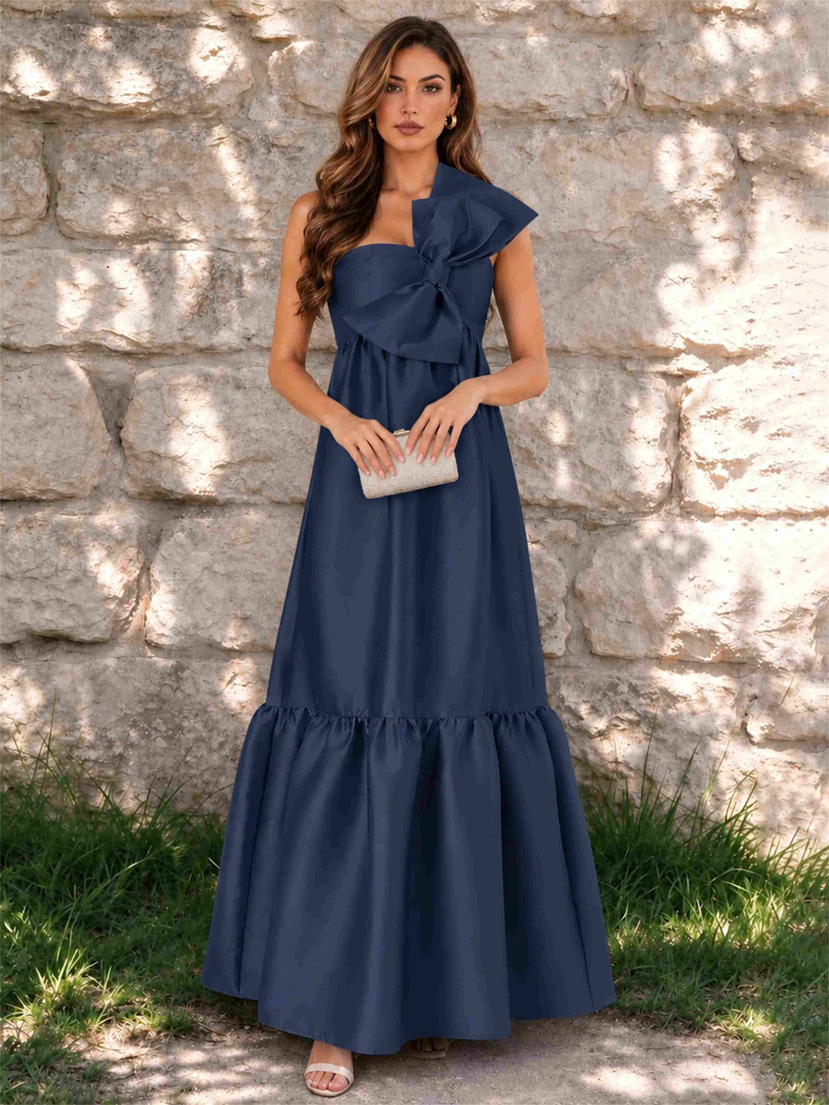 One Shoulder A-Line Satin Sleeveless Wedding Guest Dress with Bowknot