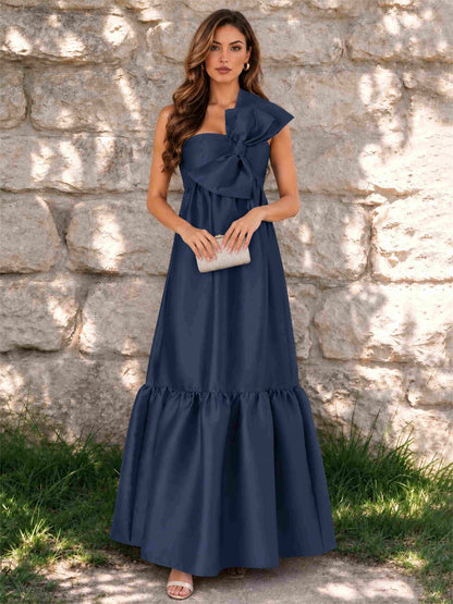 One Shoulder A-Line Satin Sleeveless Wedding Guest Dress with Bowknot