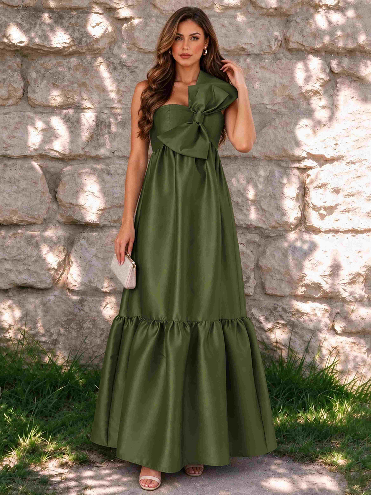 One Shoulder A-Line Satin Sleeveless Wedding Guest Dress with Bowknot