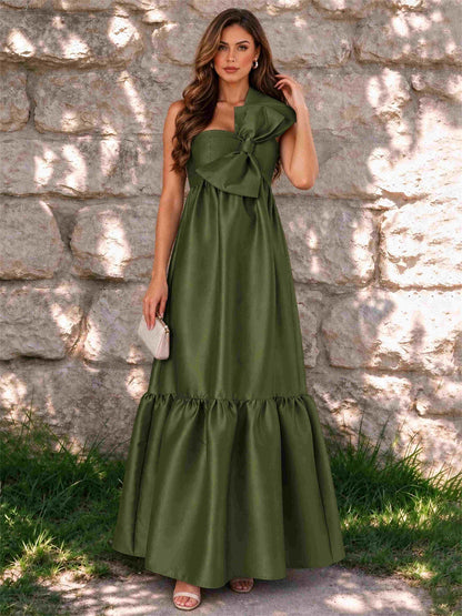 One Shoulder A-Line Satin Sleeveless Wedding Guest Dress with Bowknot