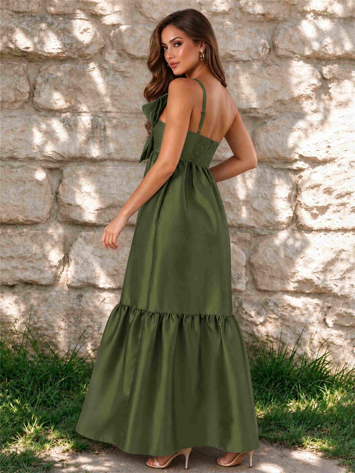 One Shoulder A-Line Satin Sleeveless Wedding Guest Dress with Bowknot