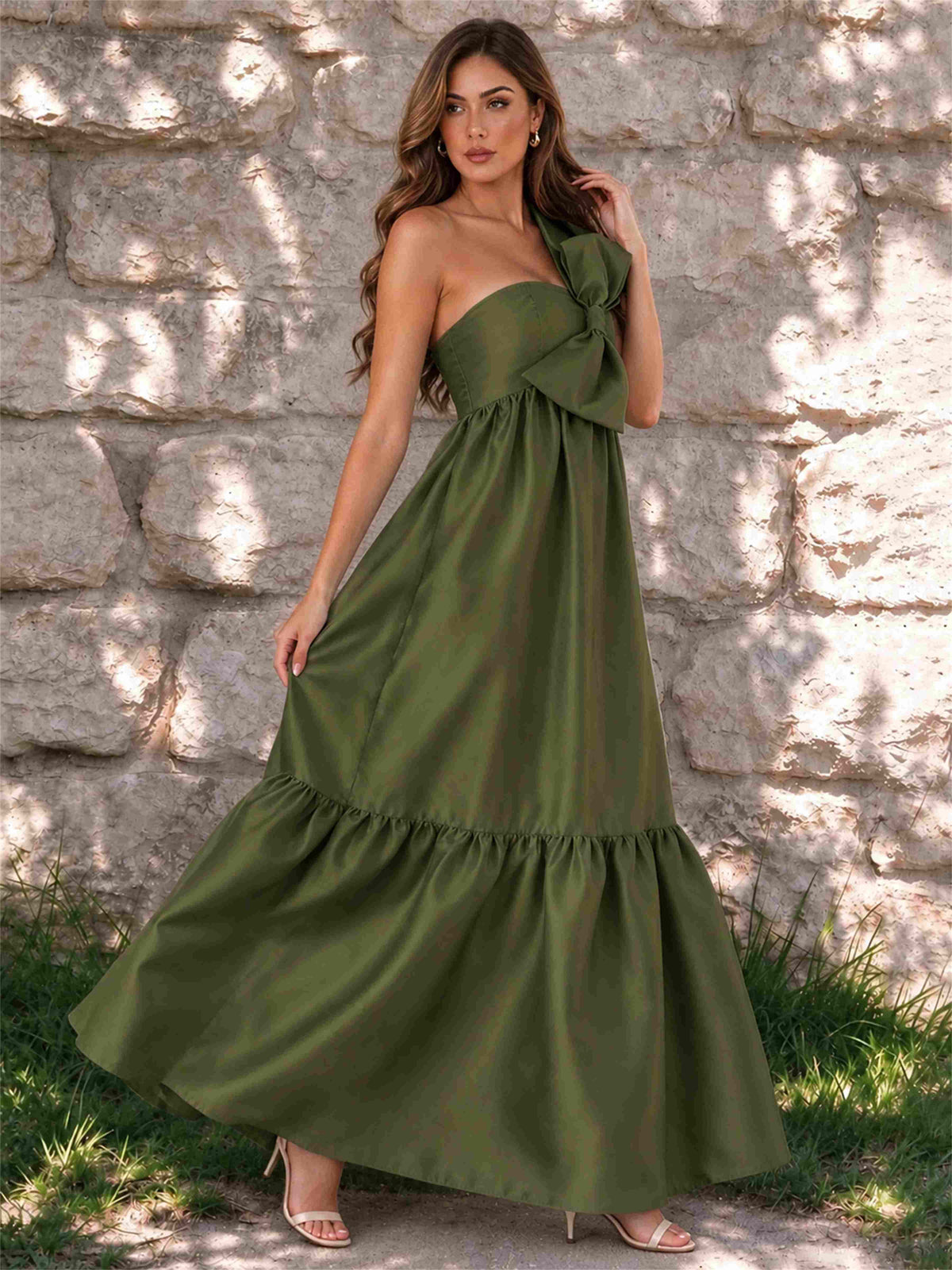 One Shoulder A-Line Satin Sleeveless Wedding Guest Dress with Bowknot