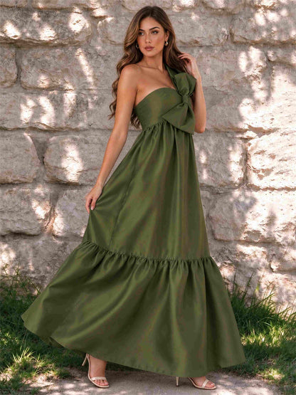 One Shoulder A-Line Satin Sleeveless Wedding Guest Dress with Bowknot