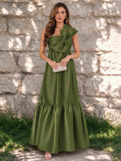 One Shoulder A-Line Satin Sleeveless Wedding Guest Dress with Bowknot