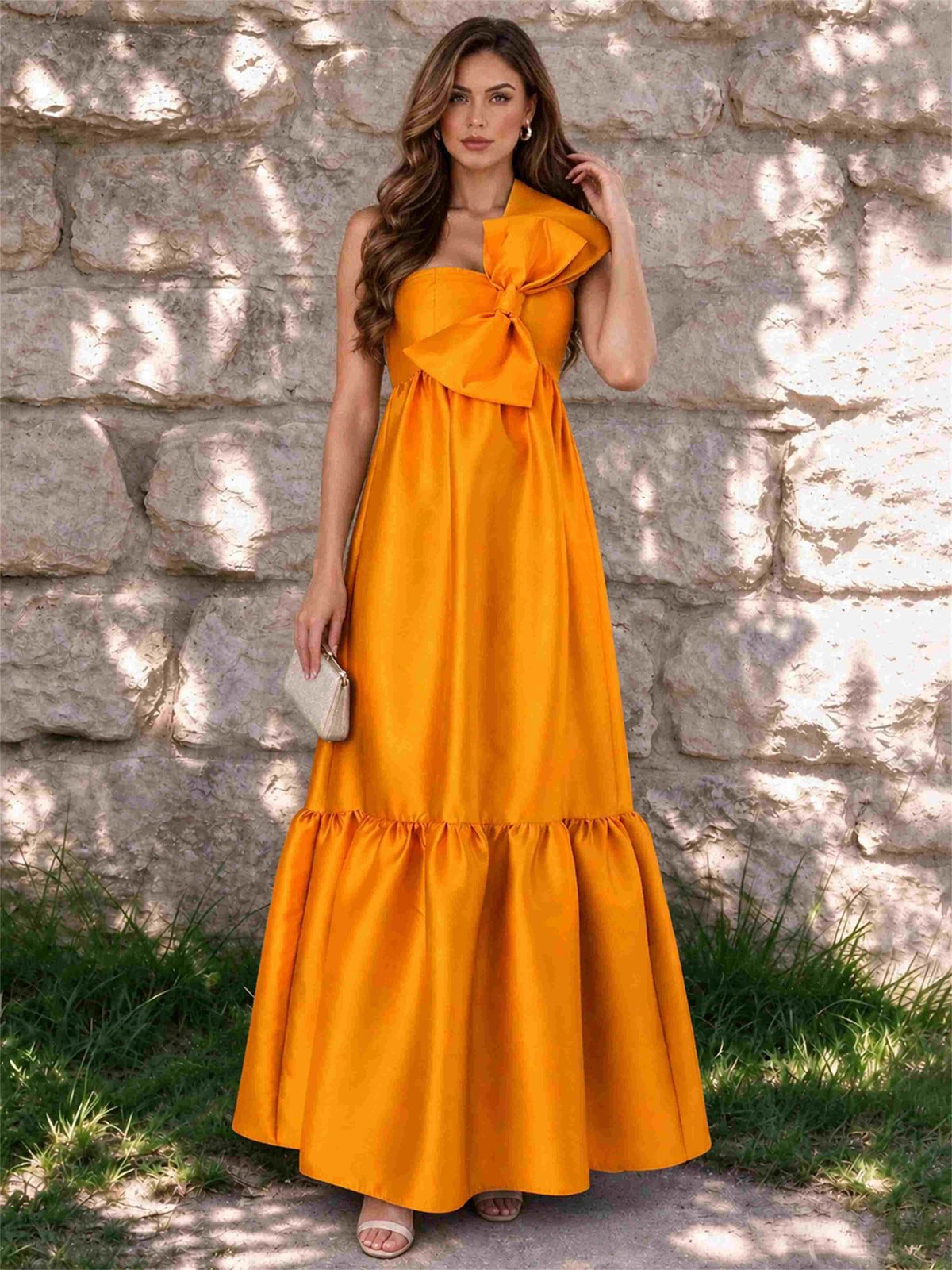 One Shoulder A-Line Satin Sleeveless Wedding Guest Dress with Bowknot