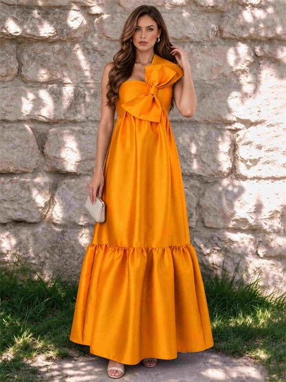 One Shoulder A-Line Satin Sleeveless Wedding Guest Dress with Bowknot