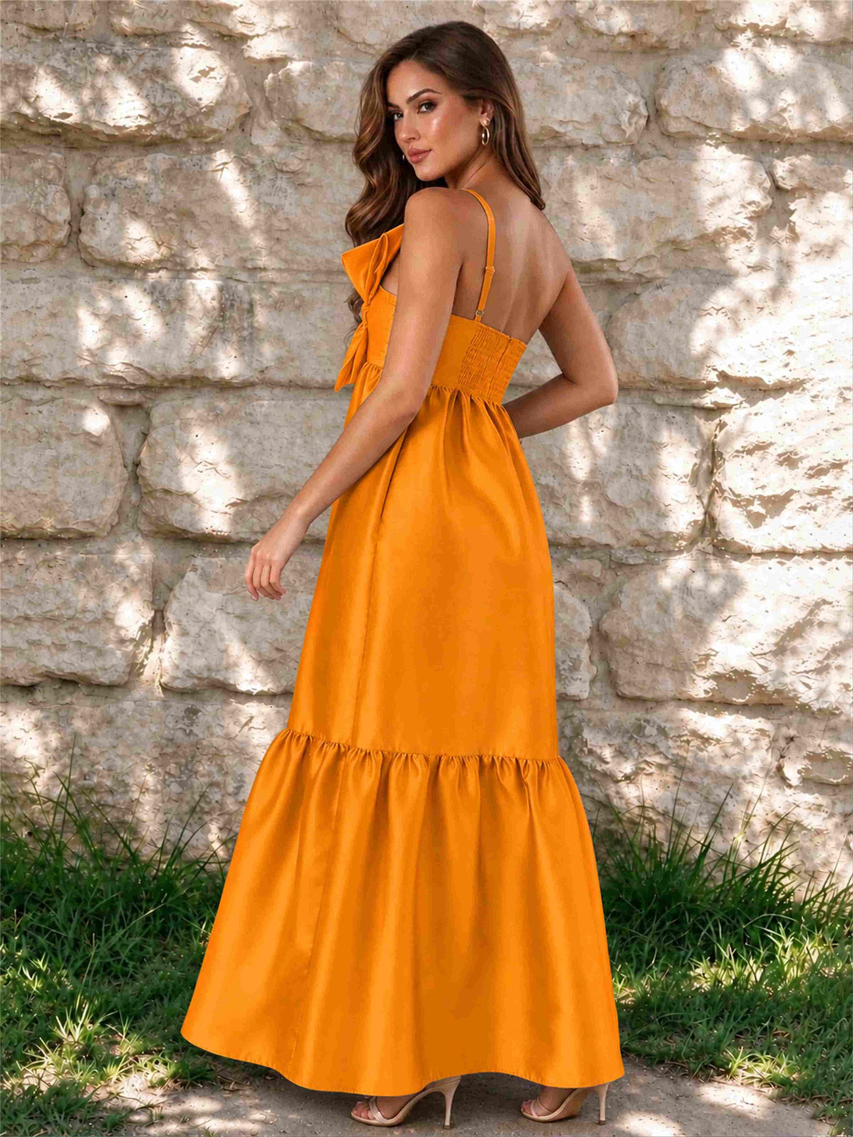 One Shoulder A-Line Satin Sleeveless Wedding Guest Dress with Bowknot