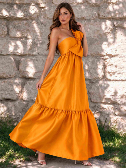 One Shoulder A-Line Satin Sleeveless Wedding Guest Dress with Bowknot