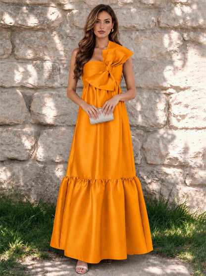 One Shoulder A-Line Satin Sleeveless Wedding Guest Dress with Bowknot