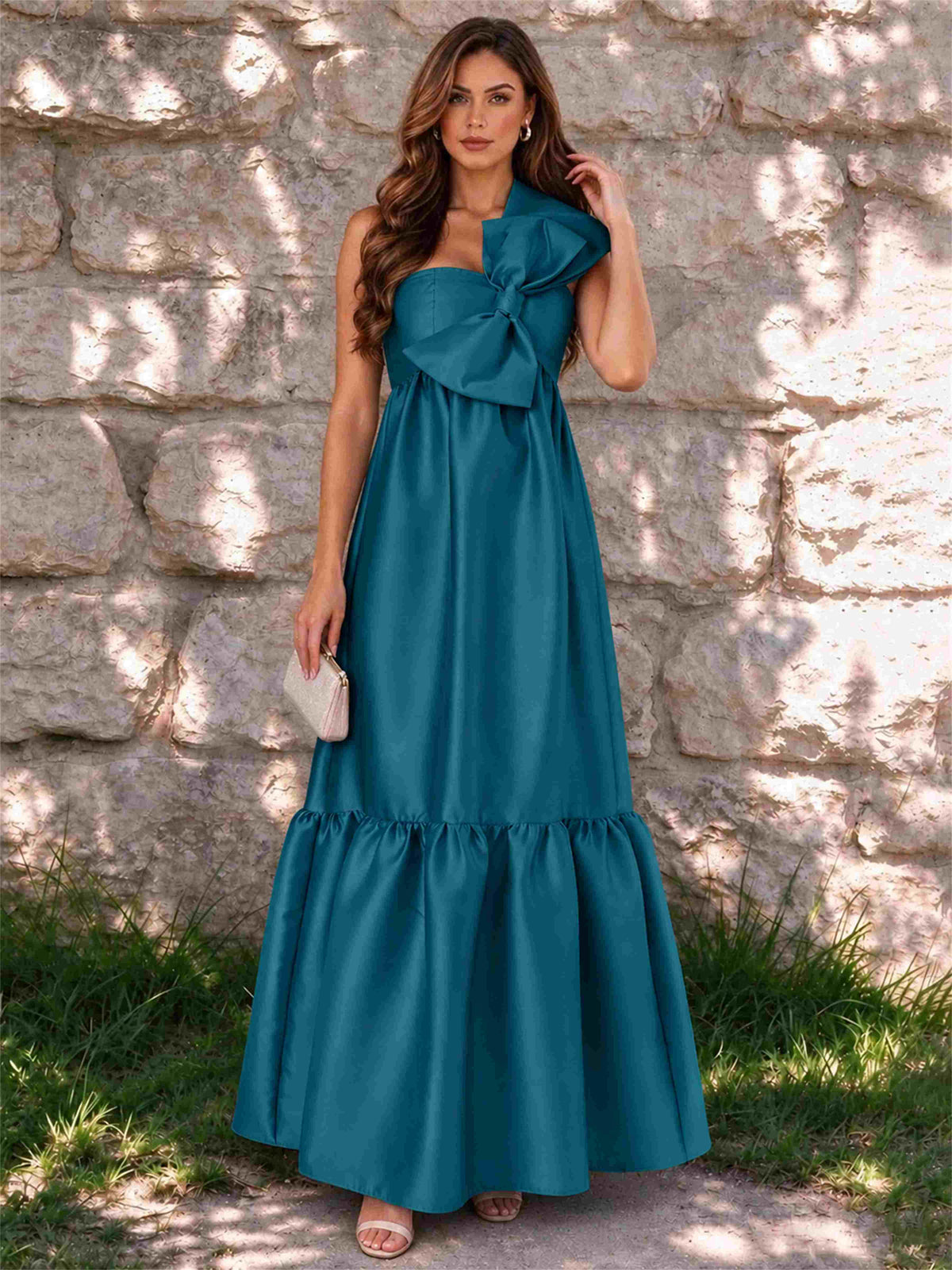 One Shoulder A-Line Satin Sleeveless Wedding Guest Dress with Bowknot