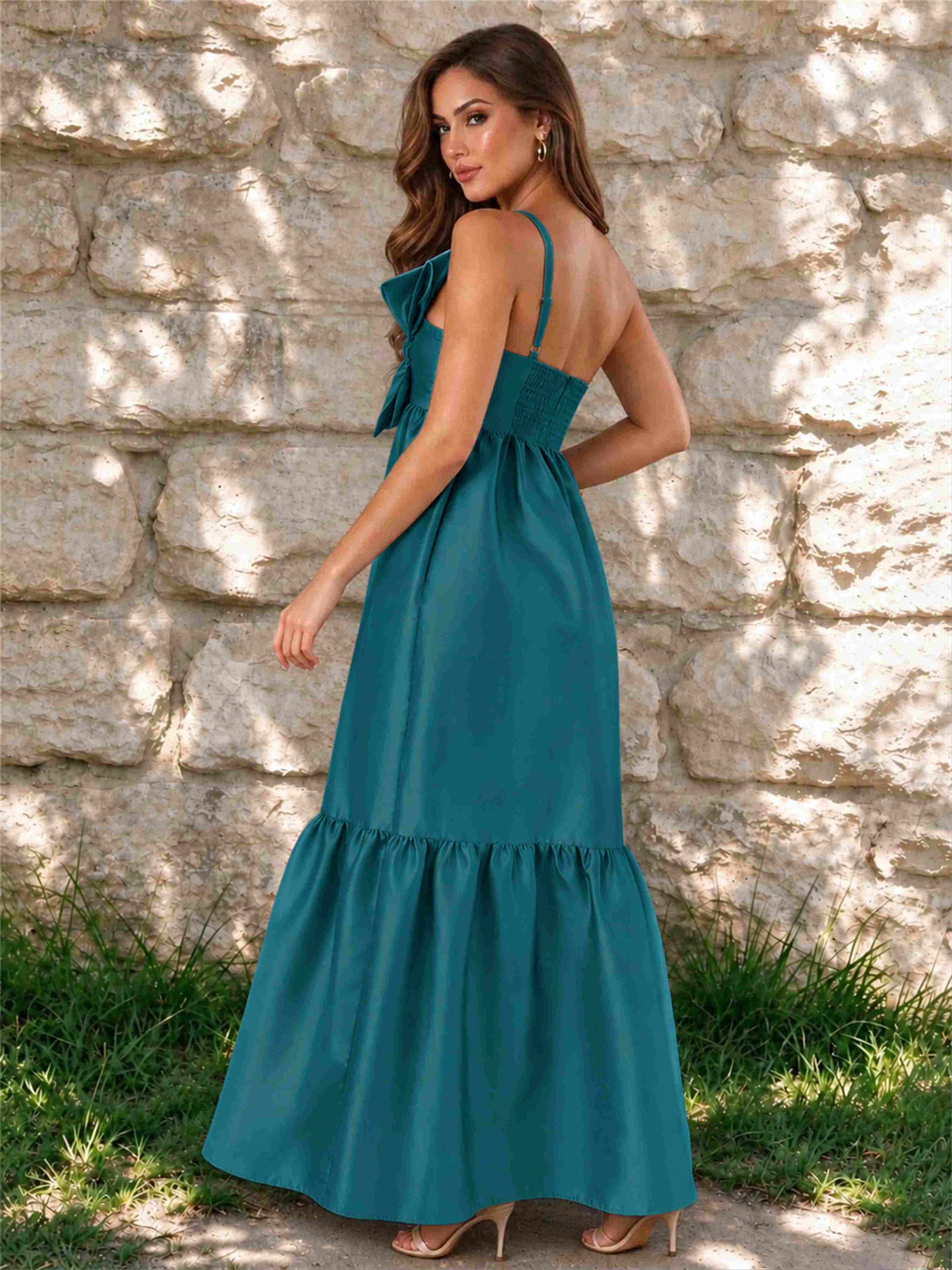 One Shoulder A-Line Satin Sleeveless Wedding Guest Dress with Bowknot