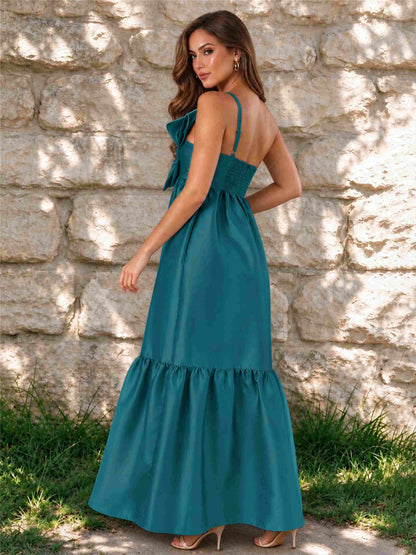 One Shoulder A-Line Satin Sleeveless Wedding Guest Dress with Bowknot