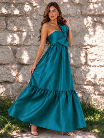 One Shoulder A-Line Satin Sleeveless Wedding Guest Dress with Bowknot