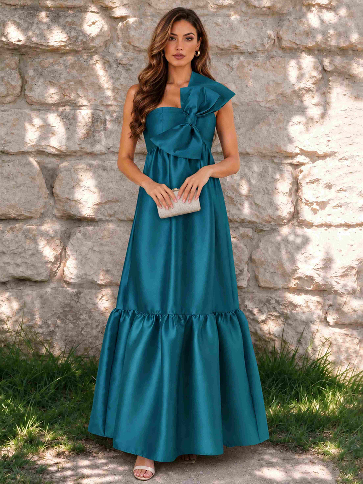 One Shoulder A-Line Satin Sleeveless Wedding Guest Dress with Bowknot