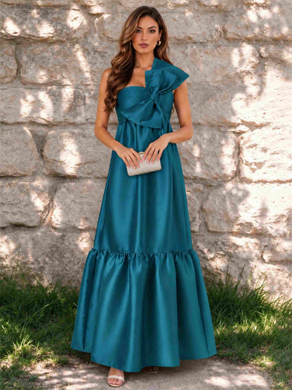 One Shoulder A-Line Satin Sleeveless Wedding Guest Dress with Bowknot