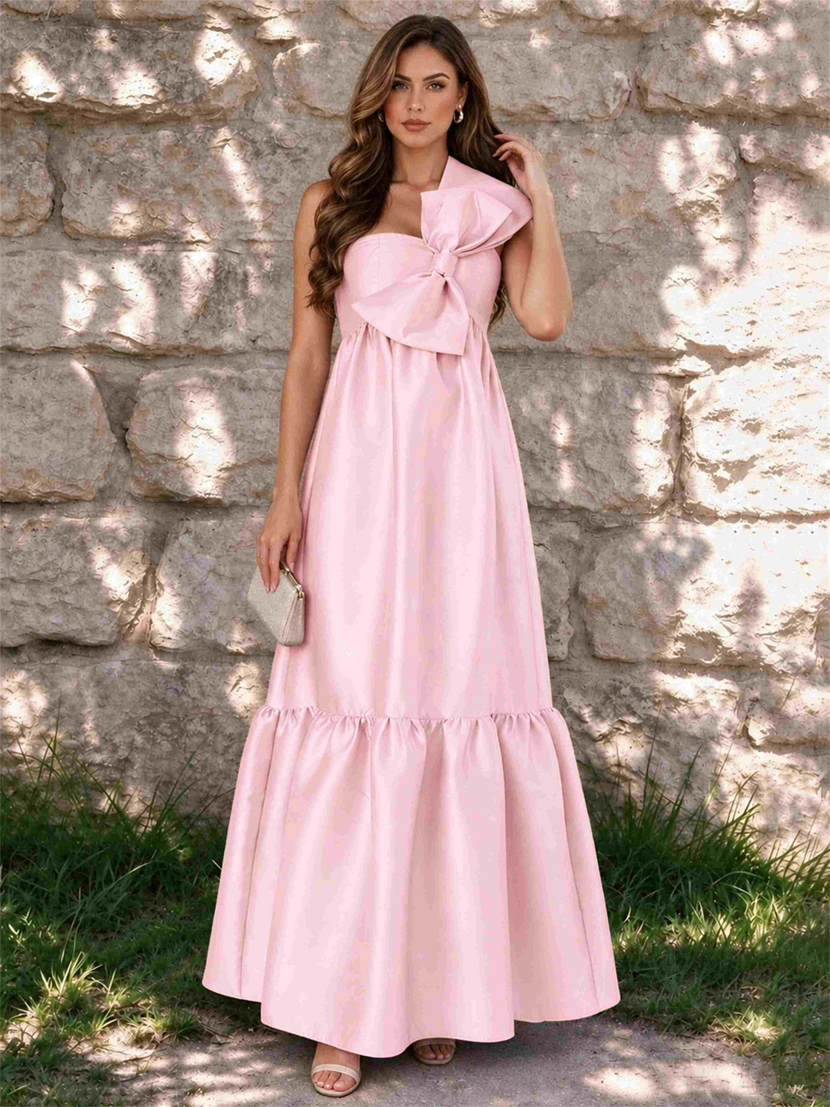 One Shoulder A-Line Satin Sleeveless Wedding Guest Dress with Bowknot