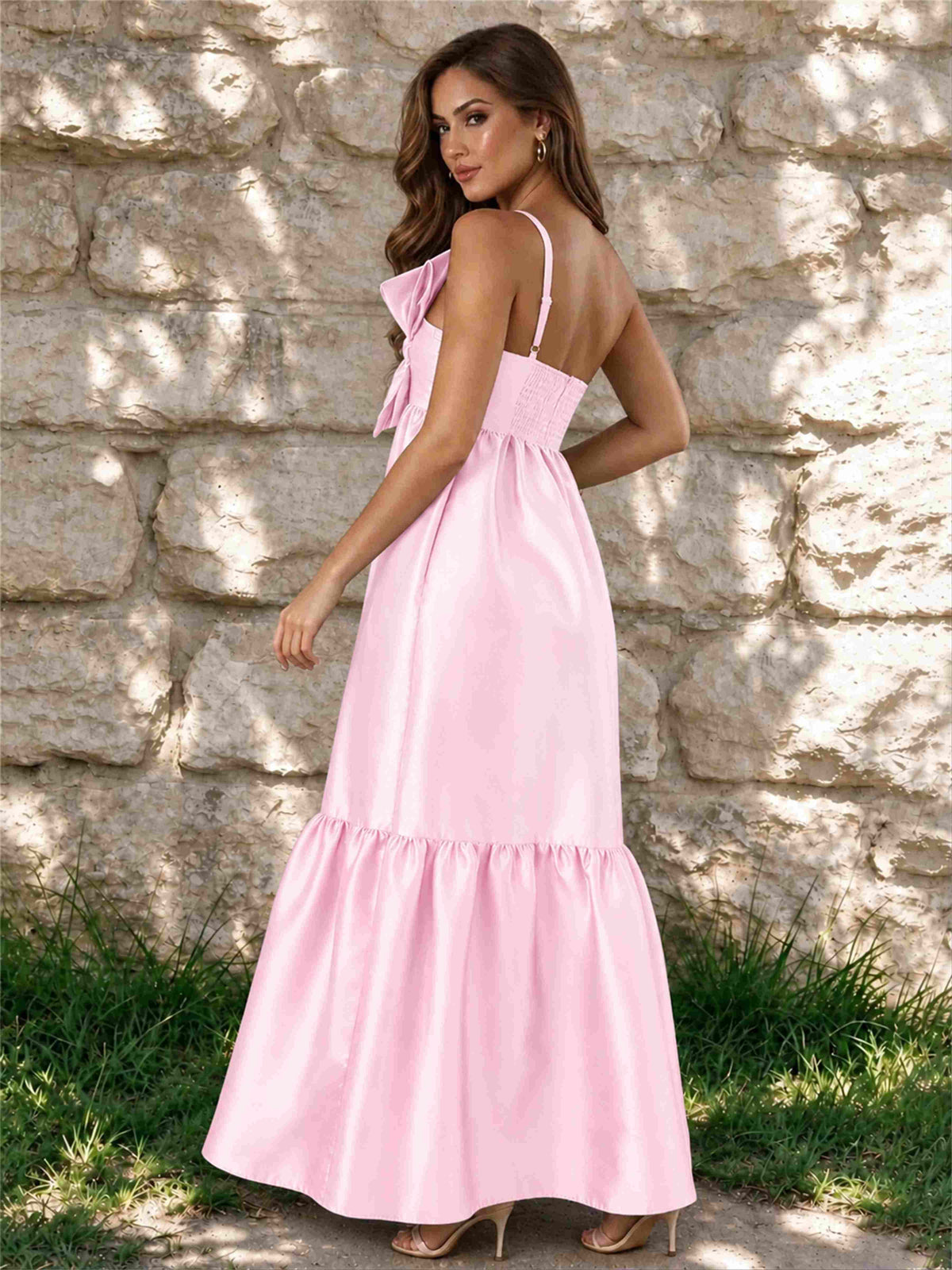 One Shoulder A-Line Satin Sleeveless Wedding Guest Dress with Bowknot