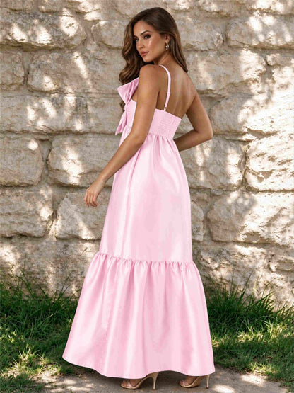One Shoulder A-Line Satin Sleeveless Wedding Guest Dress with Bowknot