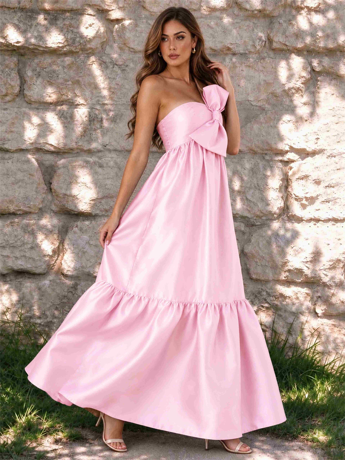 One Shoulder A-Line Satin Sleeveless Wedding Guest Dress with Bowknot