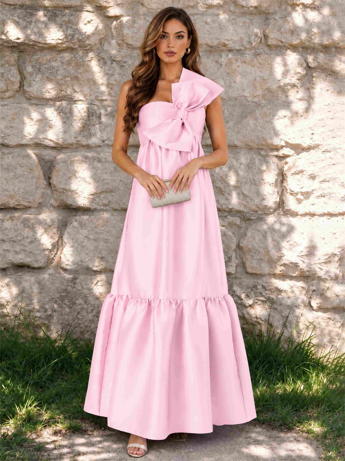 One Shoulder A-Line Satin Sleeveless Wedding Guest Dress with Bowknot