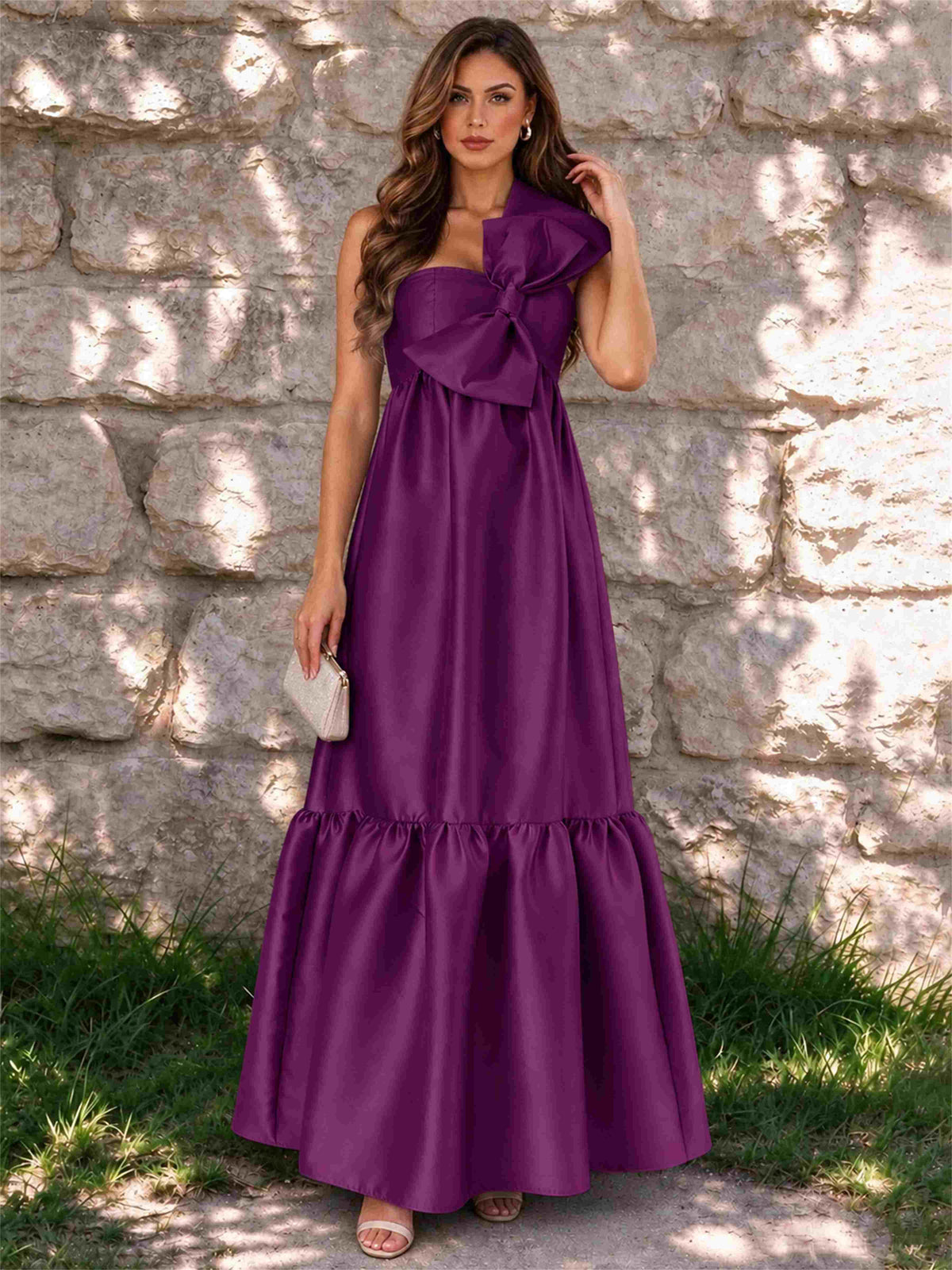 One Shoulder A-Line Satin Sleeveless Wedding Guest Dress with Bowknot