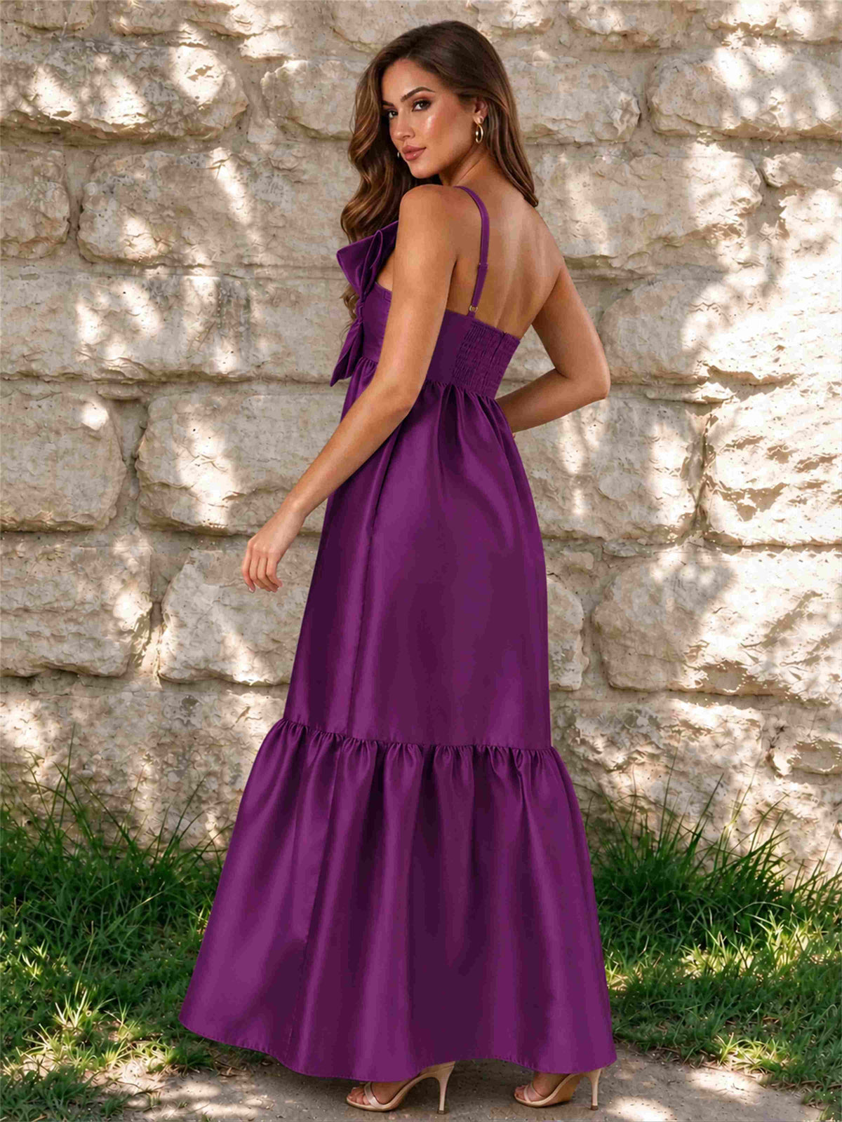 One Shoulder A-Line Satin Sleeveless Wedding Guest Dress with Bowknot