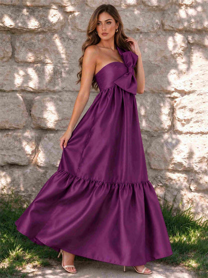 One Shoulder A-Line Satin Sleeveless Wedding Guest Dress with Bowknot