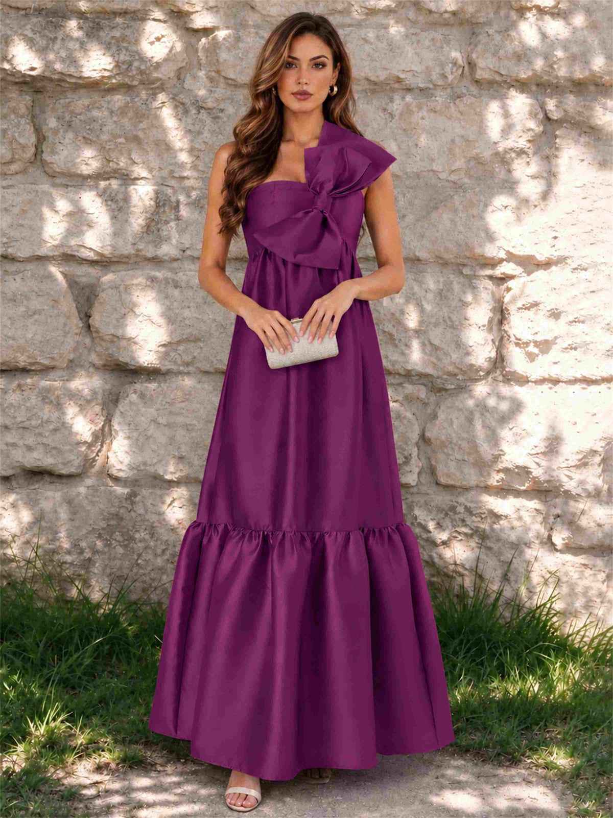 One Shoulder A-Line Satin Sleeveless Wedding Guest Dress with Bowknot