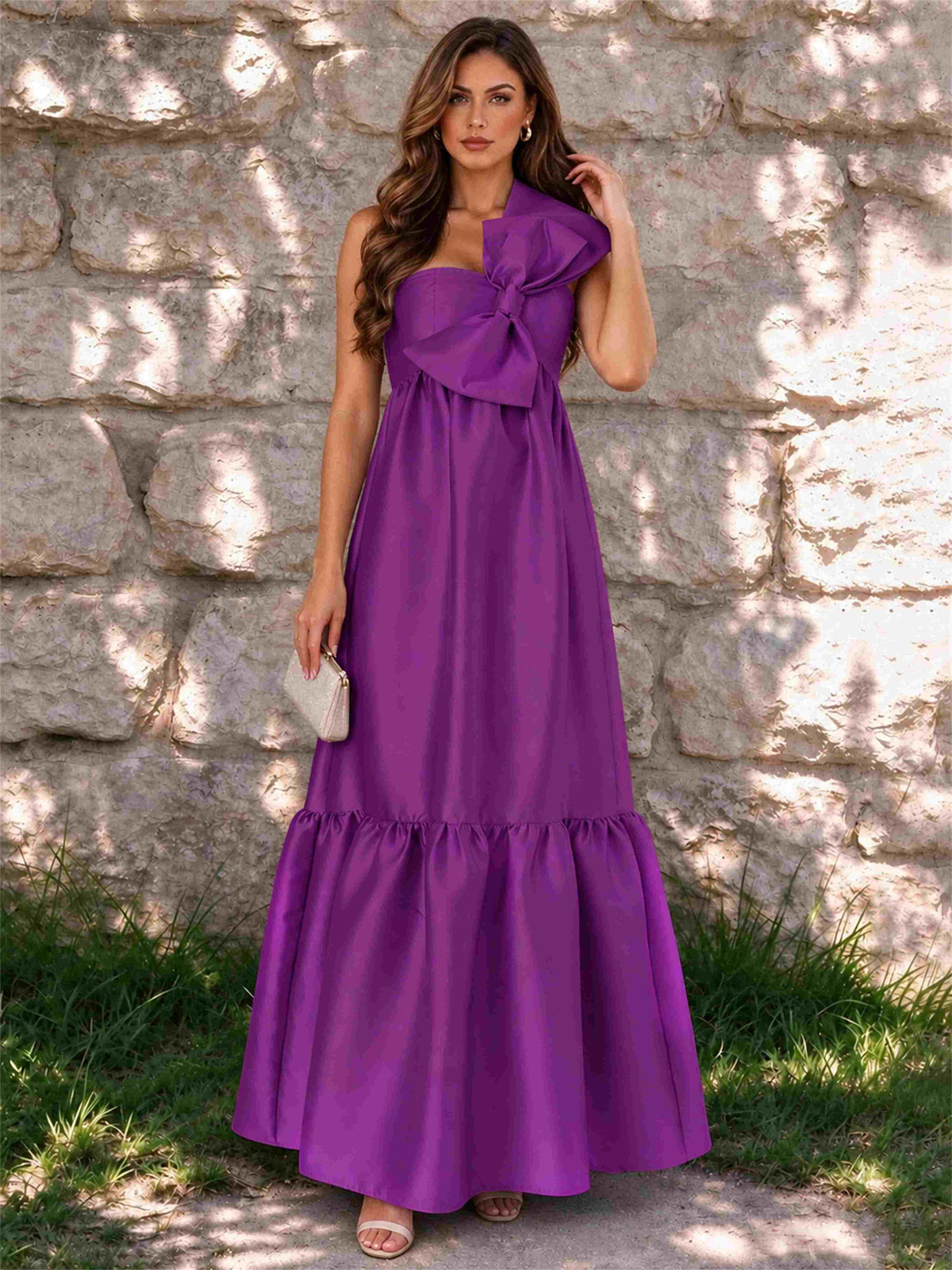 One Shoulder A-Line Satin Sleeveless Wedding Guest Dress with Bowknot