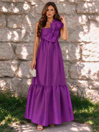 One Shoulder A-Line Satin Sleeveless Wedding Guest Dress with Bowknot