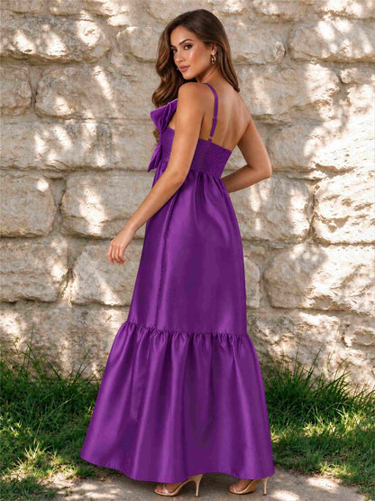 One Shoulder A-Line Satin Sleeveless Wedding Guest Dress with Bowknot