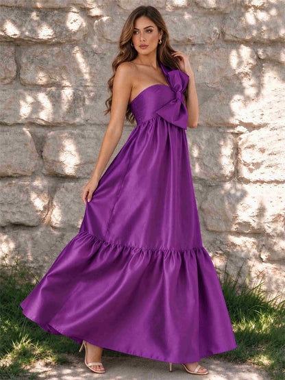 One Shoulder A-Line Satin Sleeveless Wedding Guest Dress with Bowknot