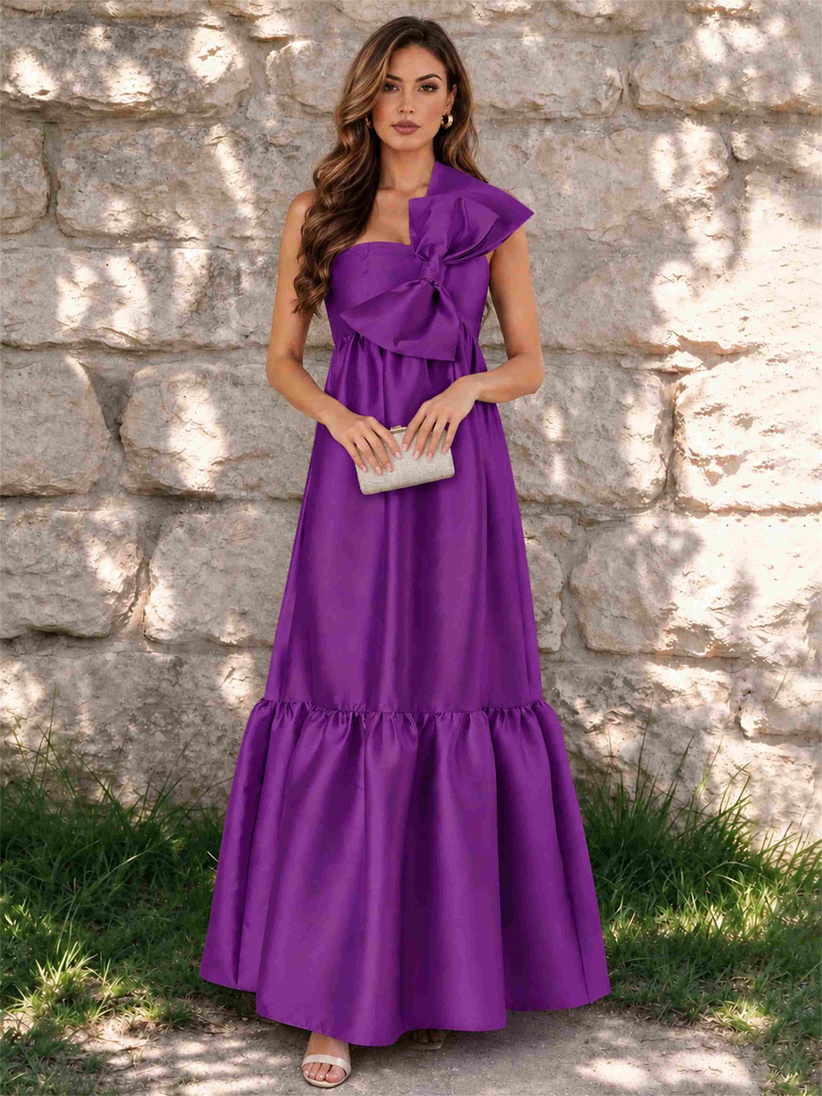 One Shoulder A-Line Satin Sleeveless Wedding Guest Dress with Bowknot