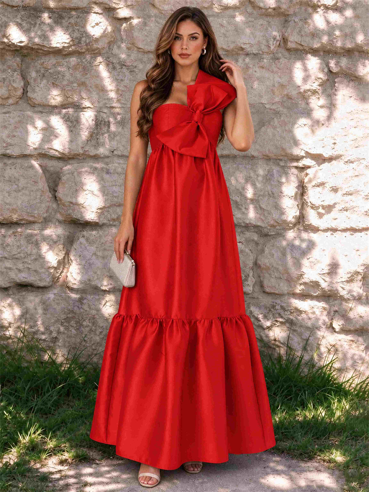 One Shoulder A-Line Satin Sleeveless Wedding Guest Dress with Bowknot