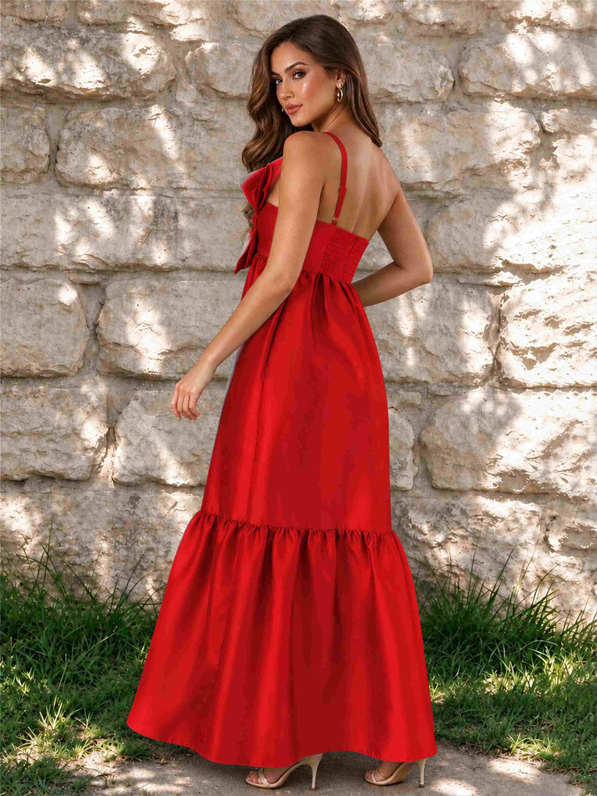 One Shoulder A-Line Satin Sleeveless Wedding Guest Dress with Bowknot