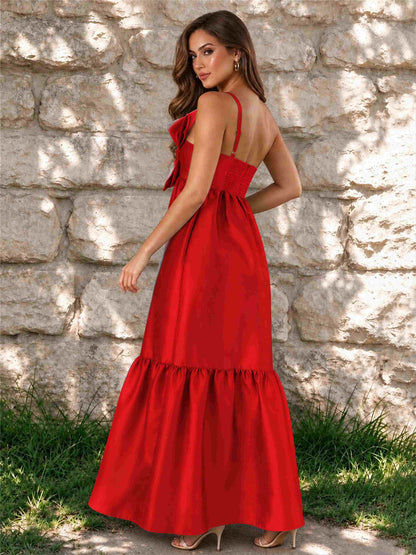 One Shoulder A-Line Satin Sleeveless Wedding Guest Dress with Bowknot