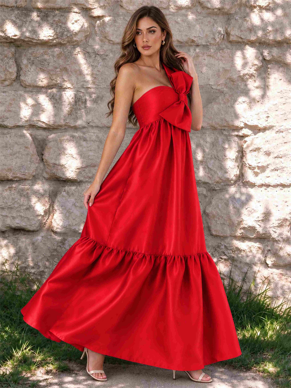 One Shoulder A-Line Satin Sleeveless Wedding Guest Dress with Bowknot