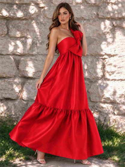 One Shoulder A-Line Satin Sleeveless Wedding Guest Dress with Bowknot