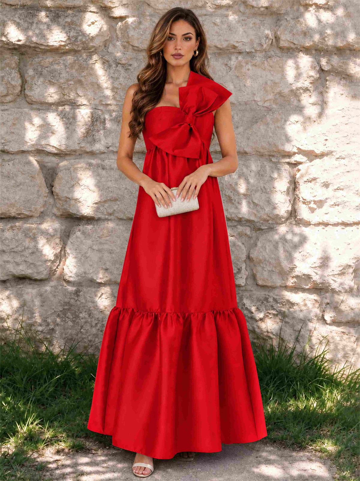 One Shoulder A-Line Satin Sleeveless Wedding Guest Dress with Bowknot