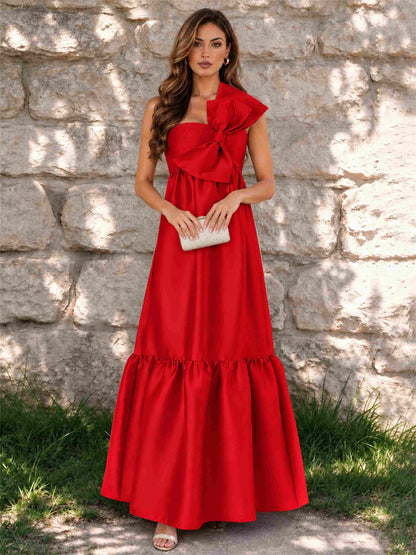 One Shoulder A-Line Satin Sleeveless Wedding Guest Dress with Bowknot
