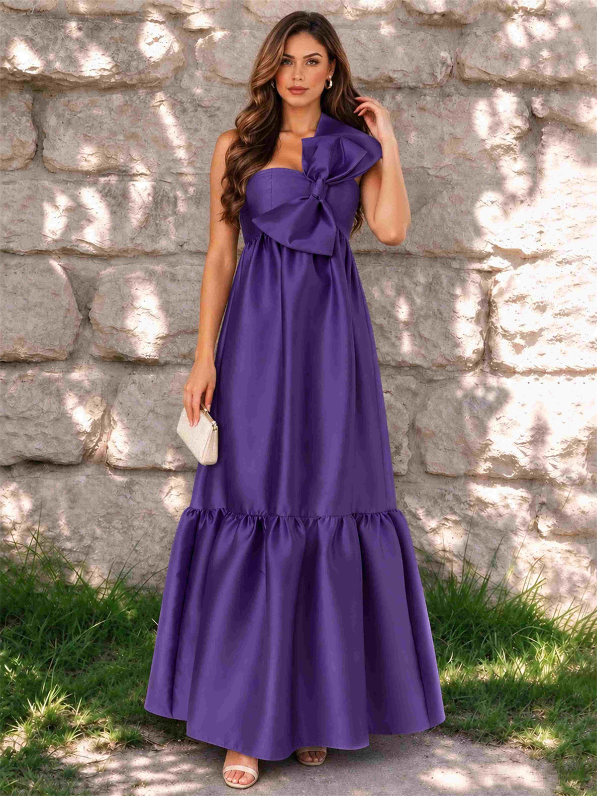 One Shoulder A-Line Satin Sleeveless Wedding Guest Dress with Bowknot