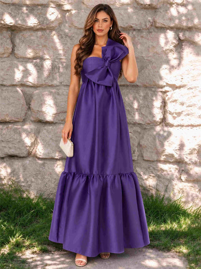 One Shoulder A-Line Satin Sleeveless Wedding Guest Dress with Bowknot